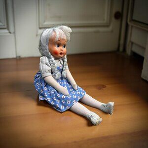 Vintage European Cloth & Vinyl Doll – Light Blue Hair, Sawdust-Stuffed Body – Fo